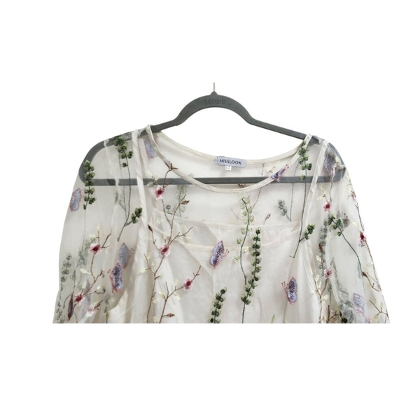 Misslook Mesh Sheer Floral Embroidered Dress Boho Cottagecore Midi 3/4 Sleeve 12 - Picture 4 of 16